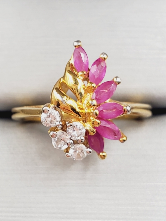 Genuine Marquise Pink Ruby - Simulated Diamonds - 18k Yellow Gold Plated Ring